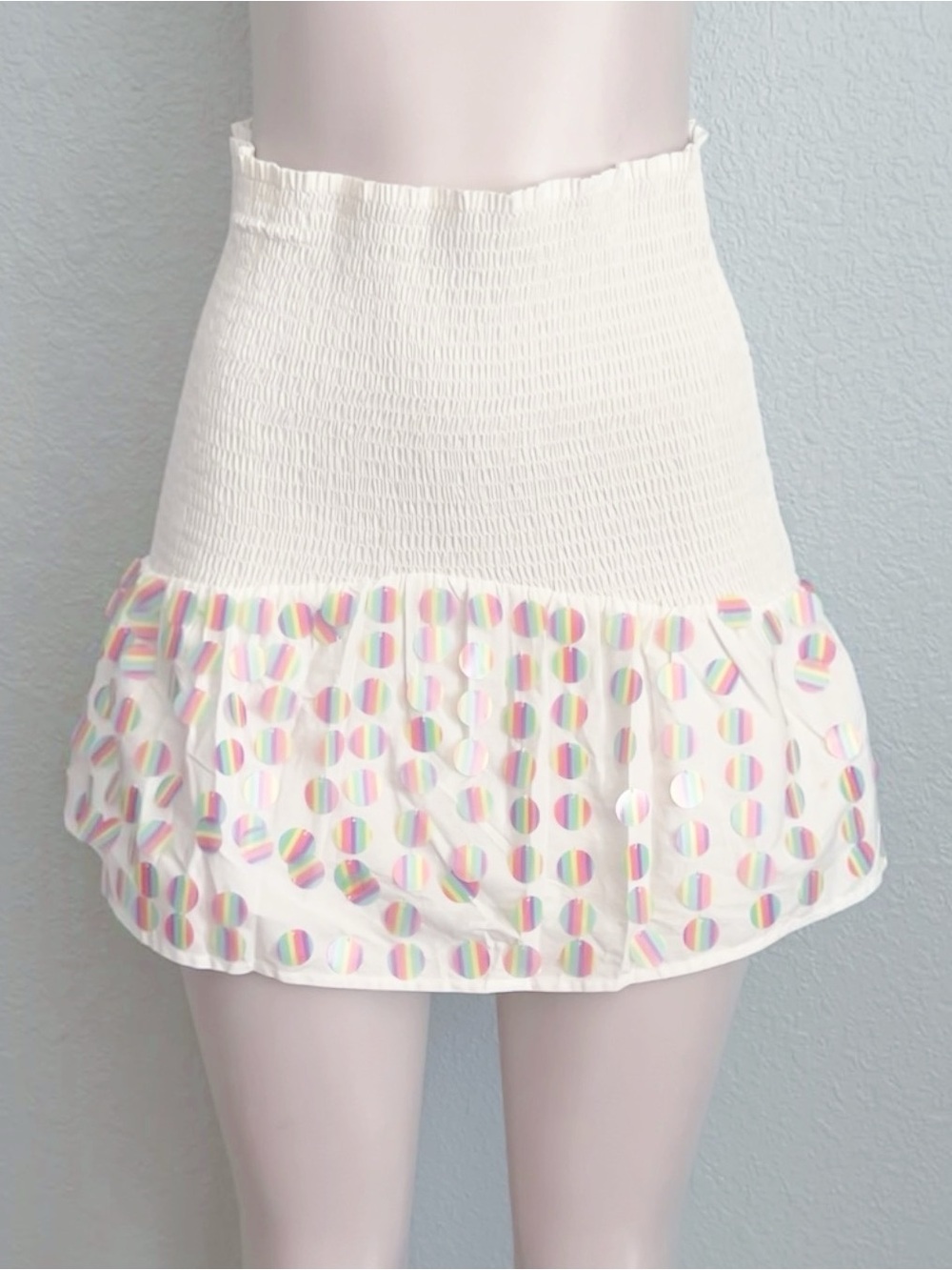 Queen of Sparkles White Smocked Rainbow Sequin Pailette Mini Skirt SZ M